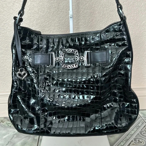 Vintage Brighton Black Croc Embossed Leather Hobo Purse Shoulder Bag D827559 - Picture 2 of 9